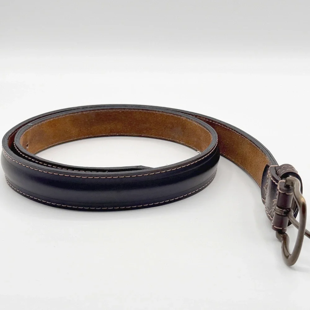 Mens 34 Brown Leather Belt Antique Brass Buckle Double Stitch Career‎ Classic
